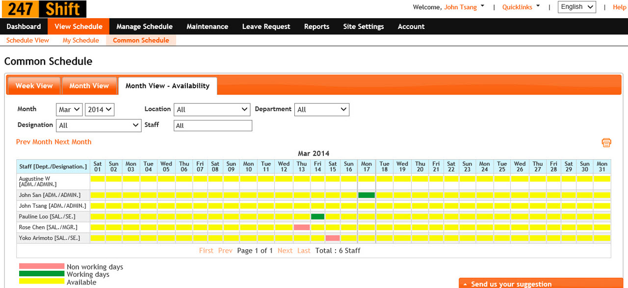 Availability status are colour coded to provide for easy viewing