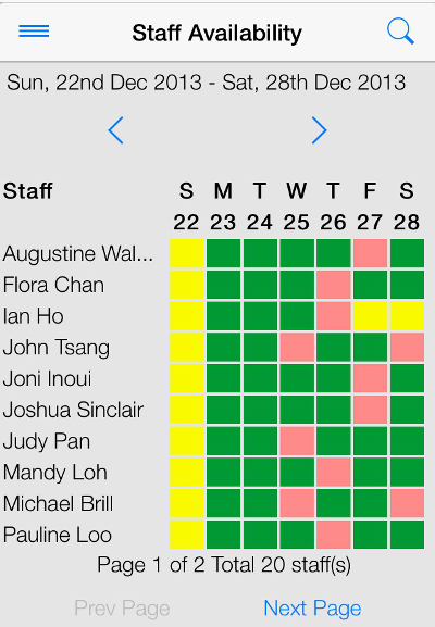 Availability status is color coded to provide for easy viewing